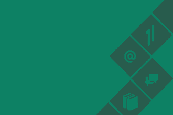 A green icon with smaller icons of an at symbol, books, pens, and speech buttons encased in dark green squares